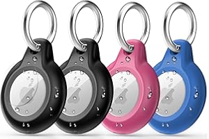 MOZOTER 4 Pack IPX8 Waterproof Airtag Keychain with Airtag Holder Case,Full Body Shockproof,Anti-Scratch Cover Air tag for Cat,Dog,Keys,Luggage,Wallet（Black&Rose Pink&Blue&Black）