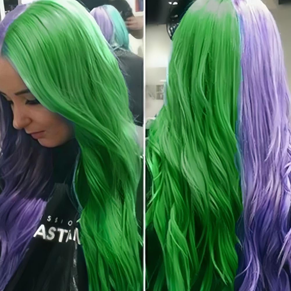 Siudus Half Purple Half Green Curly Long Womens Wig Middle Part Split Wavy Wigs Heat Resistant Fiber Hair Wig for Cosplay Costume Halloween Use(Purple Green)
