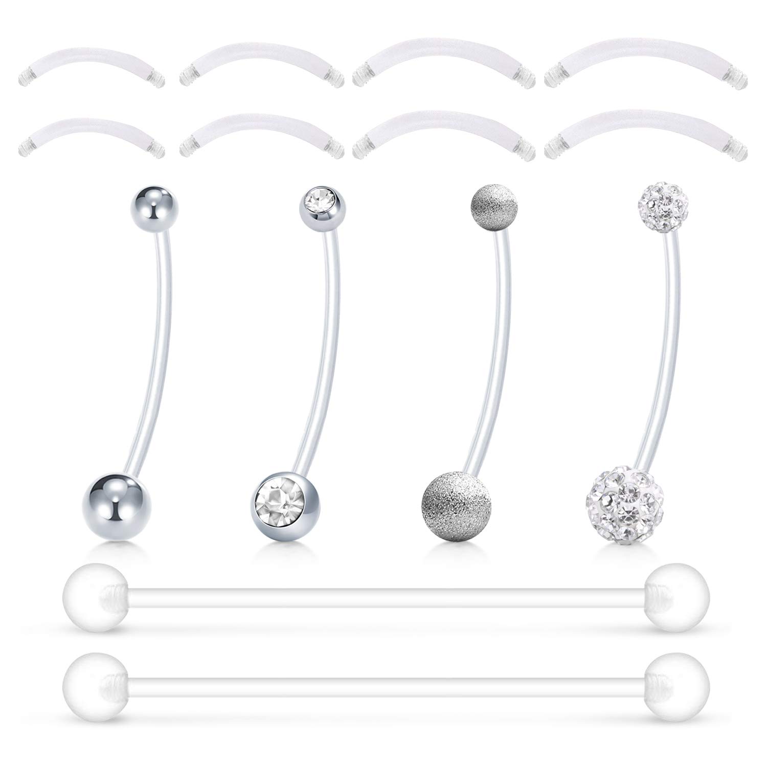 Mayhoop Pregnancy Belly Button Rings 14G Mix Style 32mm Maternity Flexible Bioplast Belly Navel Button Ring Retainer with 12-18mm Acrylic Short Belly Bar Silver