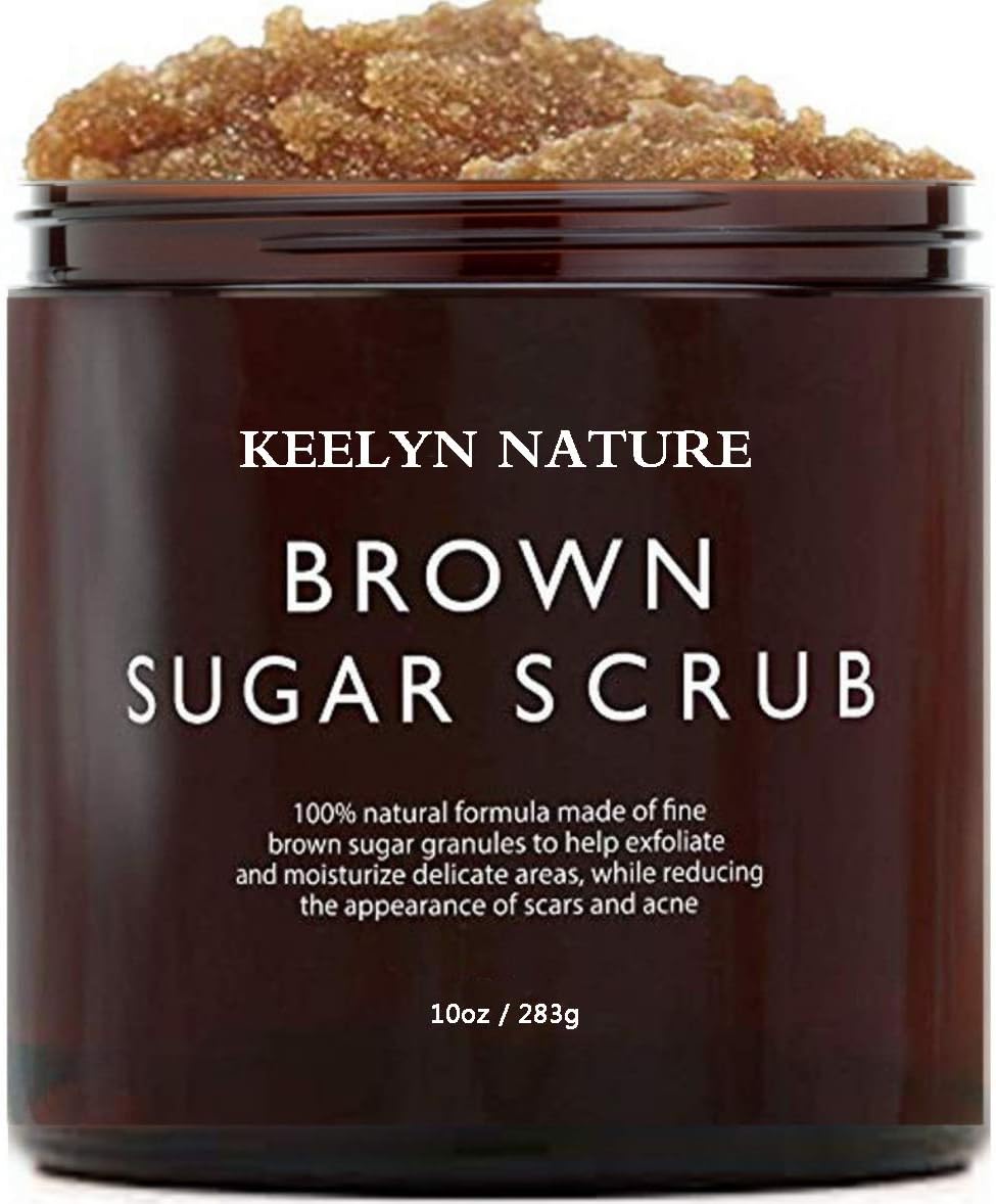 Brown Sugar Body & Face Scrub - Keelyn Natural with Essential Oils for Deep Cleansing & Gentle Exfoliation Hydrating, Moisturizing & Skin Smoothing Reduce Acne Eczema Wrinkles Anti-aging 10 Oz