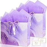 Purple Gift Bags, 2PCS 13” Large Gift Bags with Tissue Paper and Greeting Cards, Gift Bag with Handles Bow for Women Girls, Purple Gift Bags for Birthday Wedding Bridal Baby Shower Anniversaries