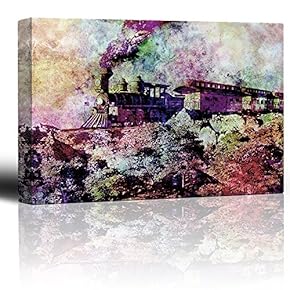 Watercolor Train with Smoke Charging Through deser Landscape...