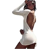 RoseSeek Women's Backless Knit Bathing Suit Cover Up Long Sleeve Sheer Beach Dresses Vacation Coverups
