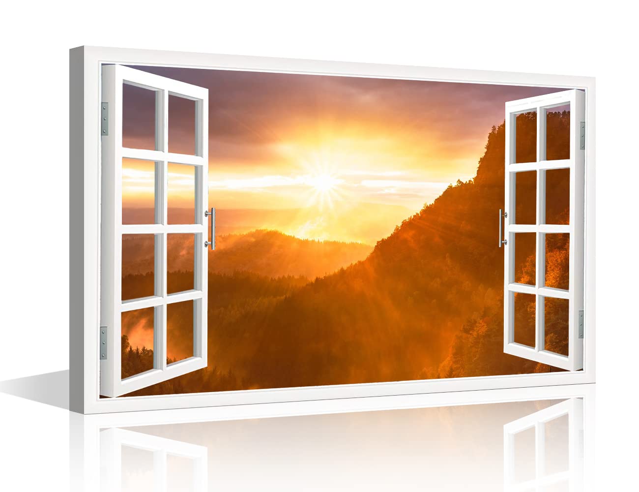 3D Window View Canvas Wall Art Sunset Over Mountain Poster Canvas Art Forest Nature Landscape Rustic Home Decor Artwork for Living Room Bedroom Office Posters Framed Ready to Hang - 12"W x 18"H