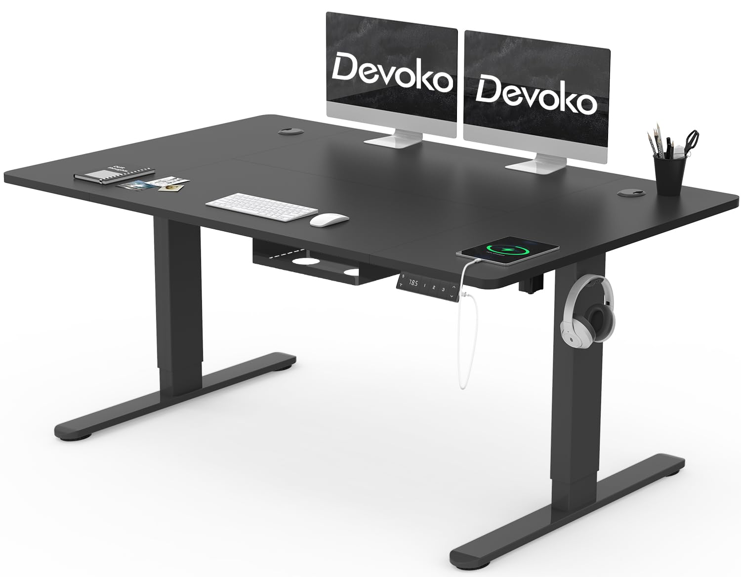 Devoko Höhenverstellbarer Schreibtisch 140x80cm mit Typ-C Ladeanschluss, Schreibtisch Höhenverstellbar Elektrisch, Mobiler Elektrisch Computertisch mit Kabel Management Tray, Schwarz