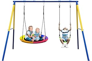 Hisecome 440lbs 2 Seat Swing Set for Backyard, 1 Saucer Swing Seat & 1 Belt Swing Seat with Heavy Duty A-Frame Metal Swing Stand Outdoor Playset for Kids