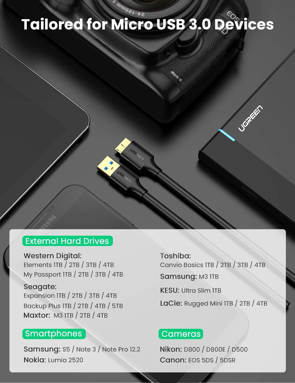 UGREEN Hard Drive Cable, USB 3.0 Type A to Micro USB B Cable, External Hard Drive Lead Compatible with Western - Image 3