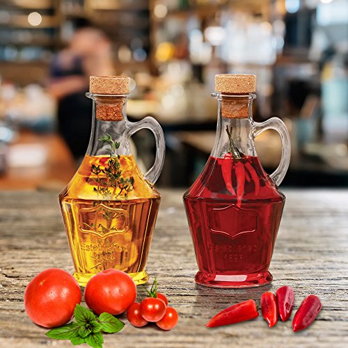 Tabletop Cruets Dispenser 9.5 oz. Oil and Vinegar Bottles Set of 2, with Handles and Removable Cork Lids