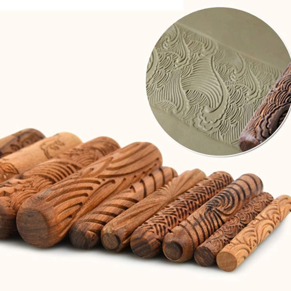 Ibnotuiy Set of 10 Wooden Handle Pottery Tools Clay Modeling Pattern Rollers Kit