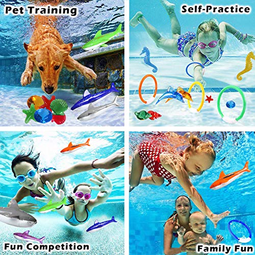 Blasoul 23 Pack Diving Pool Toys Underwater Swimming/Diving Pool Toy Rings for Kids Includes 4 Diving Rings,5 Shark Pool Toy,14 Shining Underwater Dive Gem Pool Toy Set Non-Toxic Safe for Kids