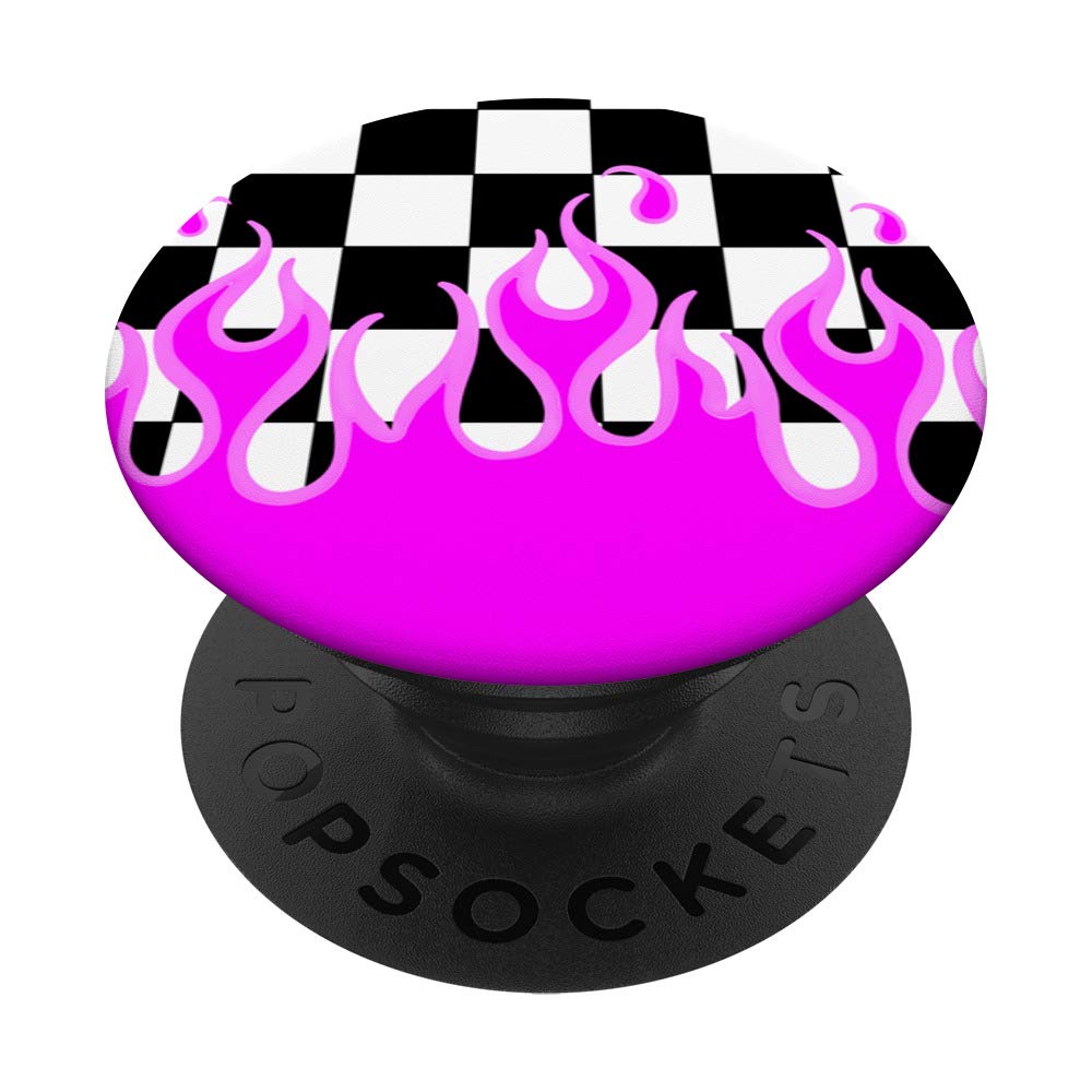 Hot Pink Flames Checkerboard Y2K Aesthetic E-Girl 90's Style PopSockets PopGrip: Swappable Grip for Phones & Tablets