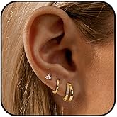 Masedy 3Pairs 14K Gold Hoop Stud Earrings Set for Women CZ Hypoallergenic Double Small Huggie Hoop Earrings Cartilage Stud Earrings Jewelry for Multiple Piercing