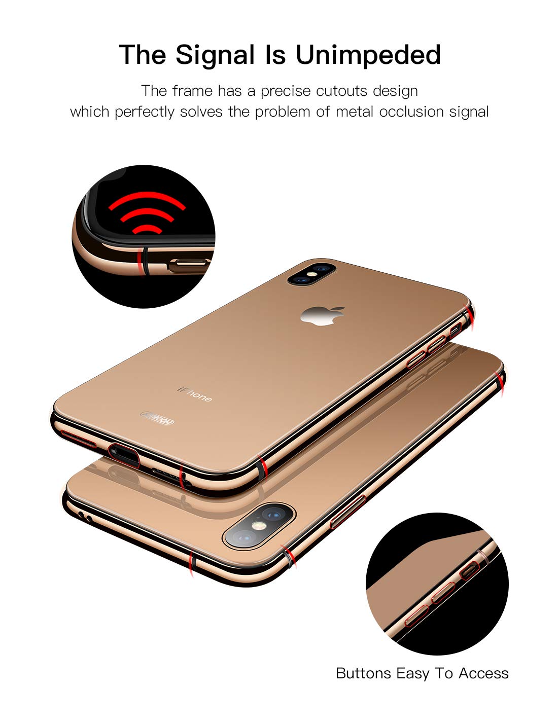 JOYROOM Tempered Glass Case for iPhone Xs Max, Hard Slim Thin Metal Bumper with Soft TPU Inner Frame Case, Anti-Scratch 9H Clear Glass Back Cover for iPhone 6.5 inch (Gold)
