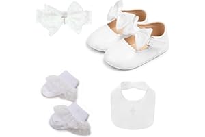 TJCONETJC White Christening Baptism Baby Girl Outfits Dressup Accessories Gift 4 Pcs Headband Socks Shoes Sets