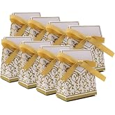 KUPOO 50PCS Candy Boxes,Gold Ribbon Wedding Favor Boxes Candy Bag Cake Box for Wedding Party Decoration Easter (gold)