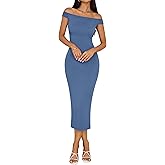BTFBM Spring Dresses for Women 2026 Midi Off The Shoulder Sleeveless Split Knit Slim Fit Cocktail Party Semi Formal Dress