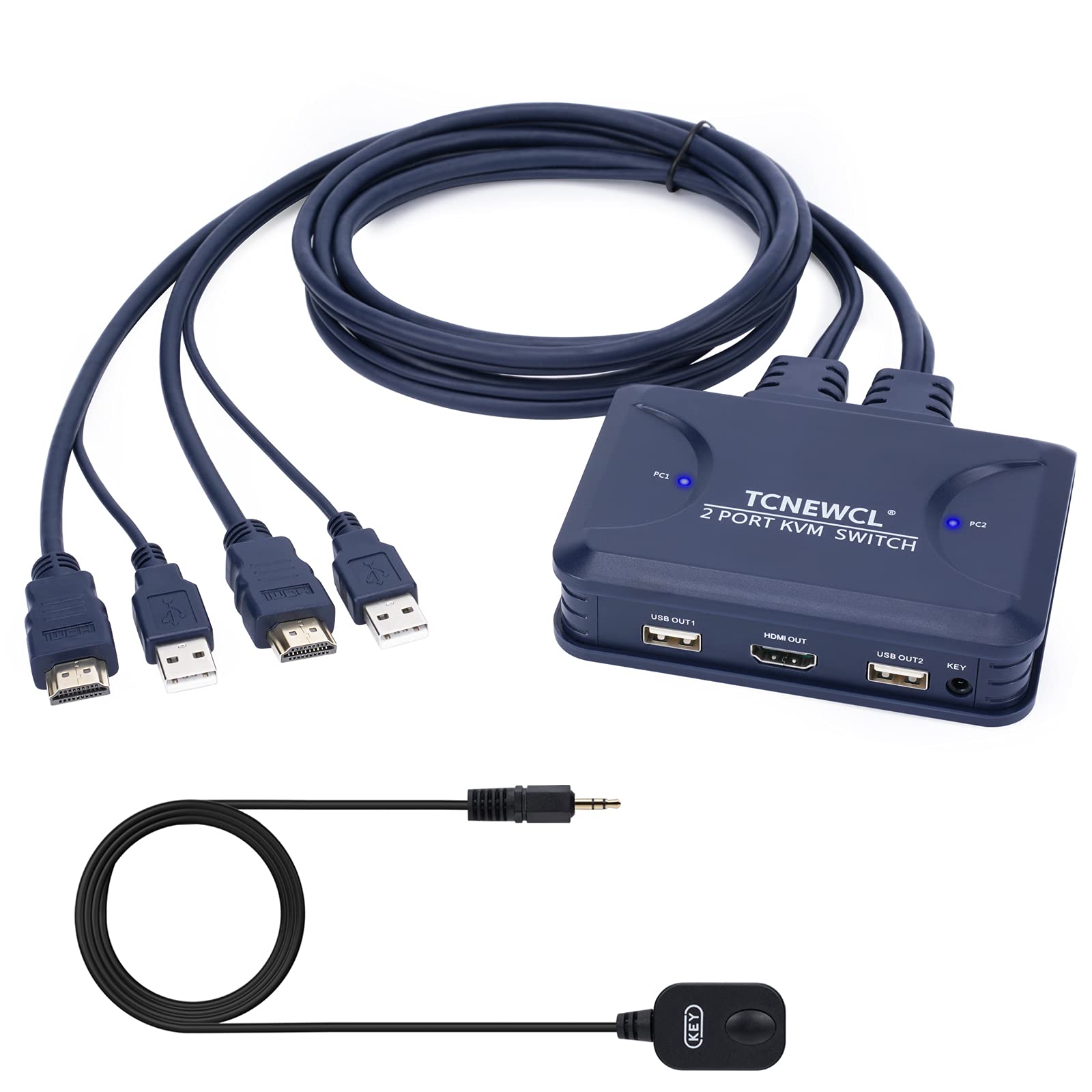 TCNEWCL 4K HDMI KVM Switch 2 Port, KVM Switcher Selector Box with 1.2M HDMI&USB Cable, for 2 Computers Sharing 1 Monitor and Mouse Keyboard, with Desktop Controller