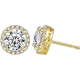 Gold Cubic Zirconia Stud Earrings - 14k Gold Plated Halo Stud Earrings for Women