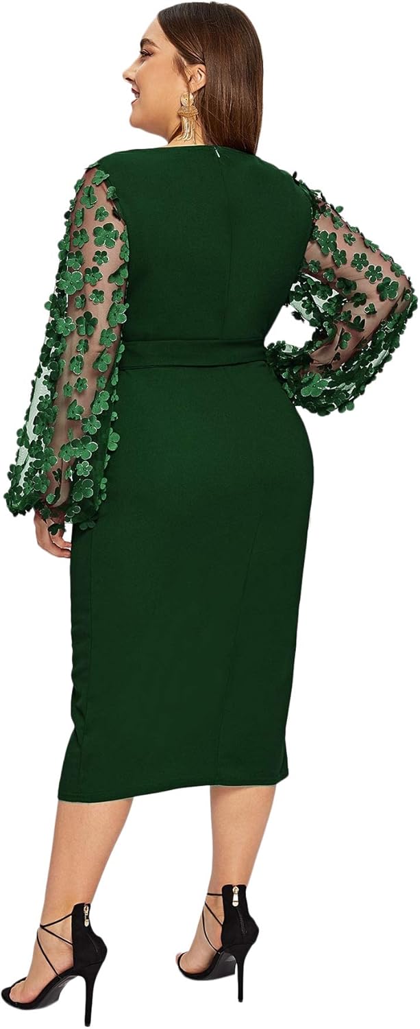 SheIn Women's Plus Size Elegant Mesh Contrast Pearl Beading Sleeve Stretchy Bodycon Pencil Dress: Clothing