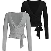 QJQ Women's 2 Pack Pilates Ballet Wrap Tops Long Sleeve Workout Yoga Shirt Going Out Tie Front Top
