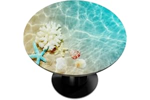 PARDICK Round Fitted Tablecloth with Elastic Marine Starfish Elastic Table Cover Round Elastic Tablecloth for Round Table, Waterproof Wipeable Fitted Table Cloth, Fits Table up to 45"-56" Diameter