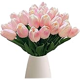 RUMEAVAO 18pcs Artificial Tulips 13" PU Artificial Flowers for Family Friends Gifts DIY Flower Arrangement Home Kitchen Office Party Wedding Dining Table Decoration, Light Pink