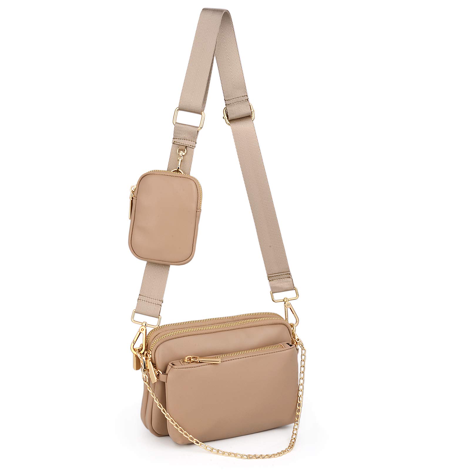 UTO Crossbody Bags for Women Multipurpose Ladies Shoulder Handbags Separable Golden Chain Strap Small Pouch Faux Leather Apricot