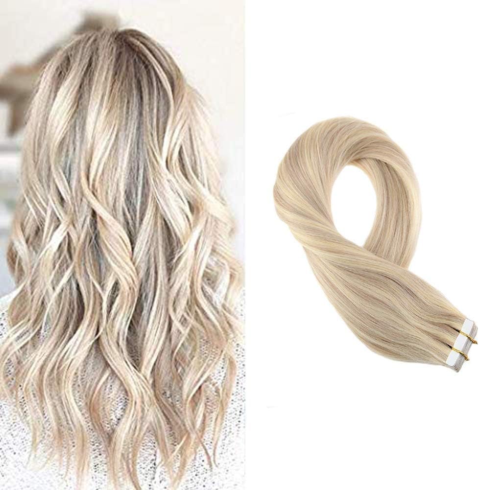 Moresoo Hair 22 Inch Tape in Hair Extensions Human Hair Extensions Glue in Tape in Remy Hair Extensions Color #18 Ash Blonde Highlighted with #613 Bleach Blonde Full Head 50 grams 20PC