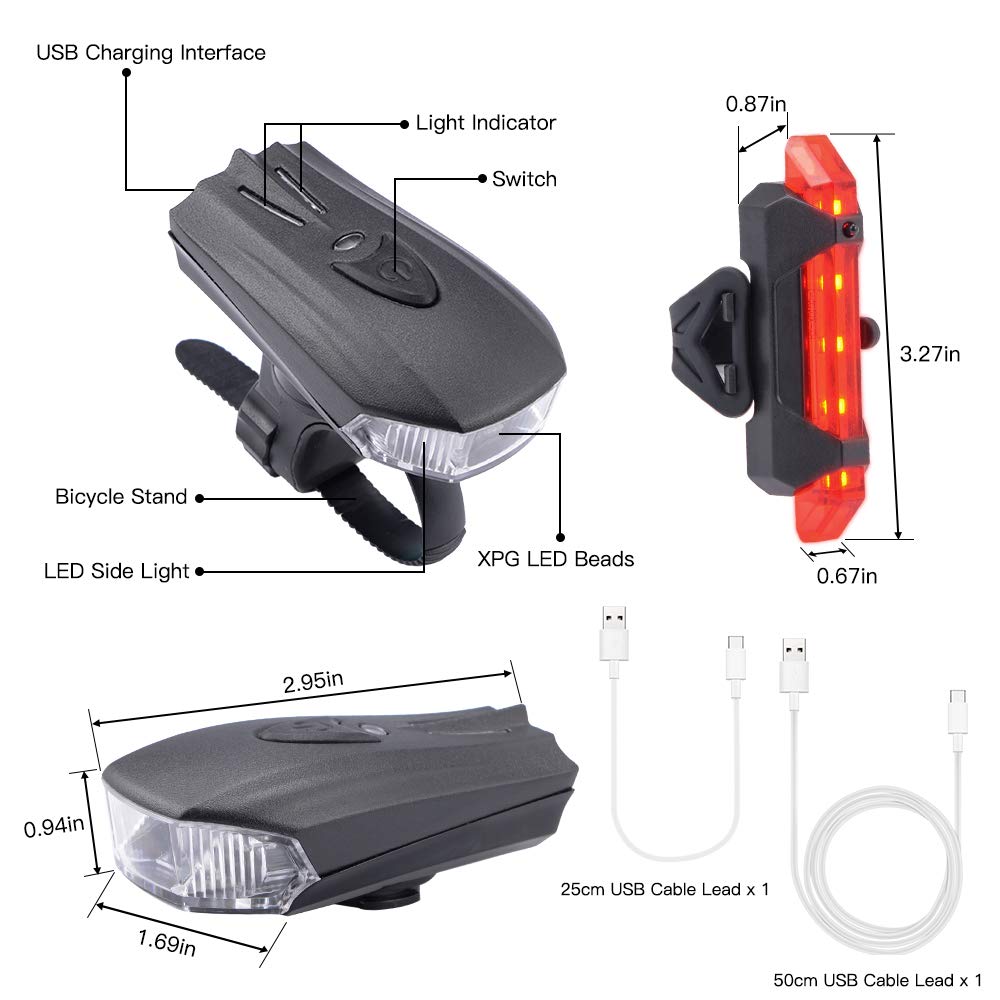 Bike Light Set, USB Rechargeable Cycle Lights, Waterproof Mountain Bicycle Lights, Easy Mount & Quick Release, Super Bright High Safety Front Light & Rear Light (5 Modes, 400 Lumen, 2 USB Cables)