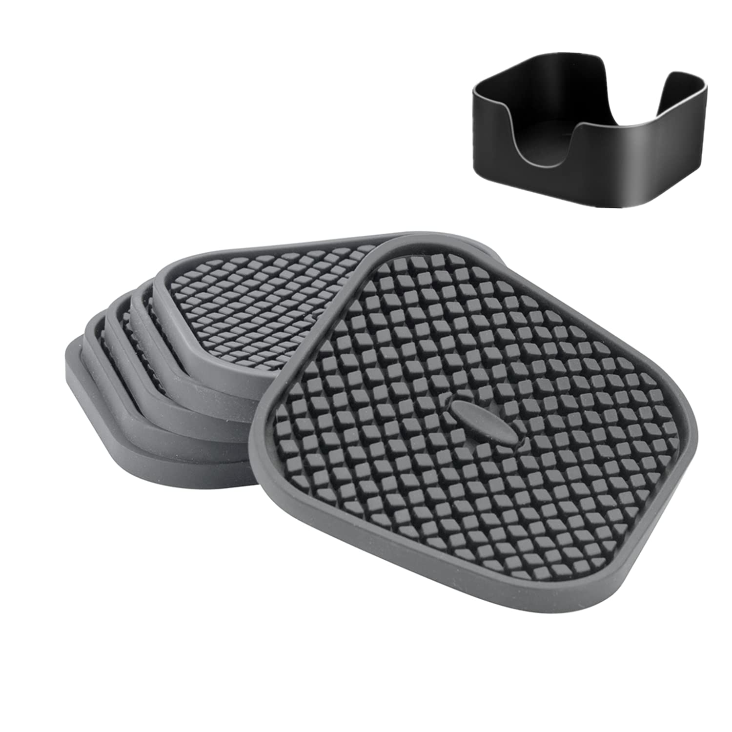 Set of 6 Silicone Drink Coasters with Holder - Deep Grooved, Absorbent, Large 4 inch Square Cup Mat - Perfect for Hot and Cold Drinks(Square -Grey)
