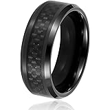 Tungsten Wedding Bands, Will Queen 8mm Beveled Black Carbon Fiber Inlay Men's Rings Top Polished Finish