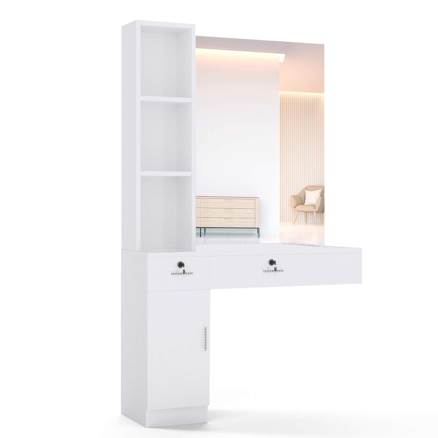 NURXIOVO Barber Station w/Mirror, Hair Tools Collector Salon Equipment Organizer Wall Mount Styling Table Beauty Facial Spa Cabinet w/Appliance Holders, Shelf, Lockable Drawers (Left Shelf): Beauty
