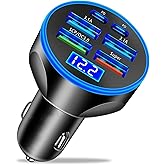 Super Fast Charge USB C Car Phone Charger Adapter 6 in 1 with Voltage Display 250W Multi Port Cigarette Lighter USB Charge for iPhone 16 15 14 13 12 11 Samsung Galaxy Huawei Oneplus Oppo Vivo