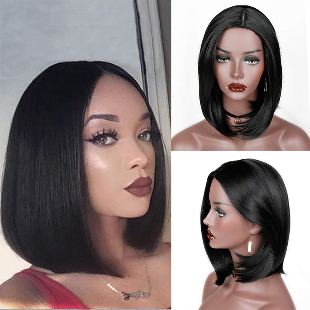 Ruiyu Hair 14 Inches Short Black Wig Synthetic Straight Wig Short Straight Wig Short Bob Wig For Women Middle Part Heat Resistant 150% Density Synthetic Hair Full Wigs (Black)