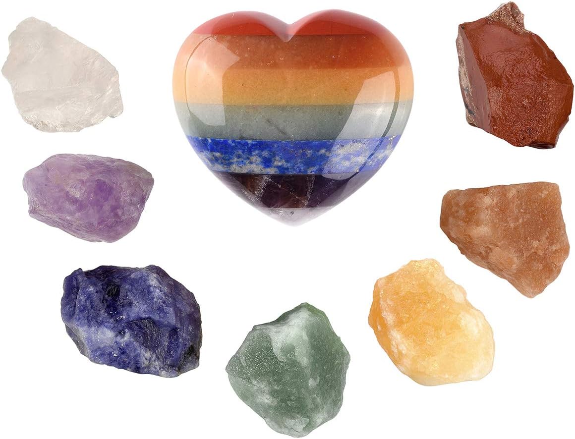 JSDDE 7 Chakra Heart Gemstone with Natural Healing Energy Crystal Rough Raw Stones Set