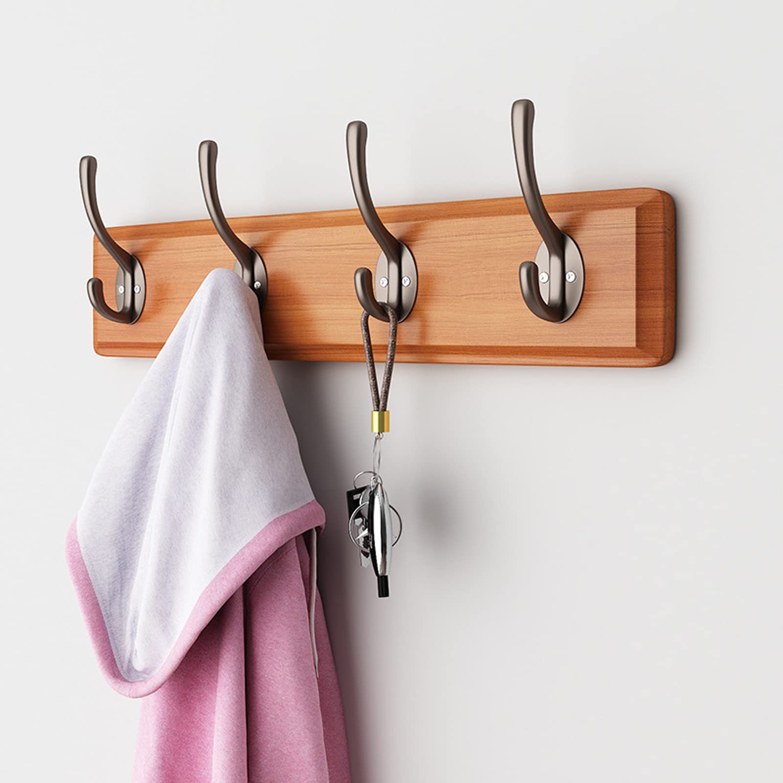 Spotact Wall Mounted Coat Rack Rustic 39 * 7.6 * 5 cm Wooden Wall Hanger Heavy Duty Hanging Dual Hooks for Jacket Hat Towel Purse Bag for Bedroom Bathroom Entryway (4 Hooks, Cherry Wood Color)