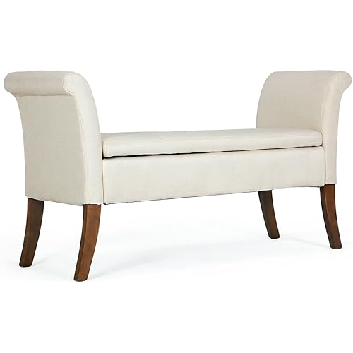Belleze Modern Upholstered Storage Bench Settee Living Room with Armrest Button Tufted Wood Legs, Beige