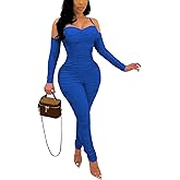 WOKANSE Women's Sexy Ruched One Piece Bodycon Cold Shoulder Long Sleeves Solid Jumpsuits Long Pants Romper