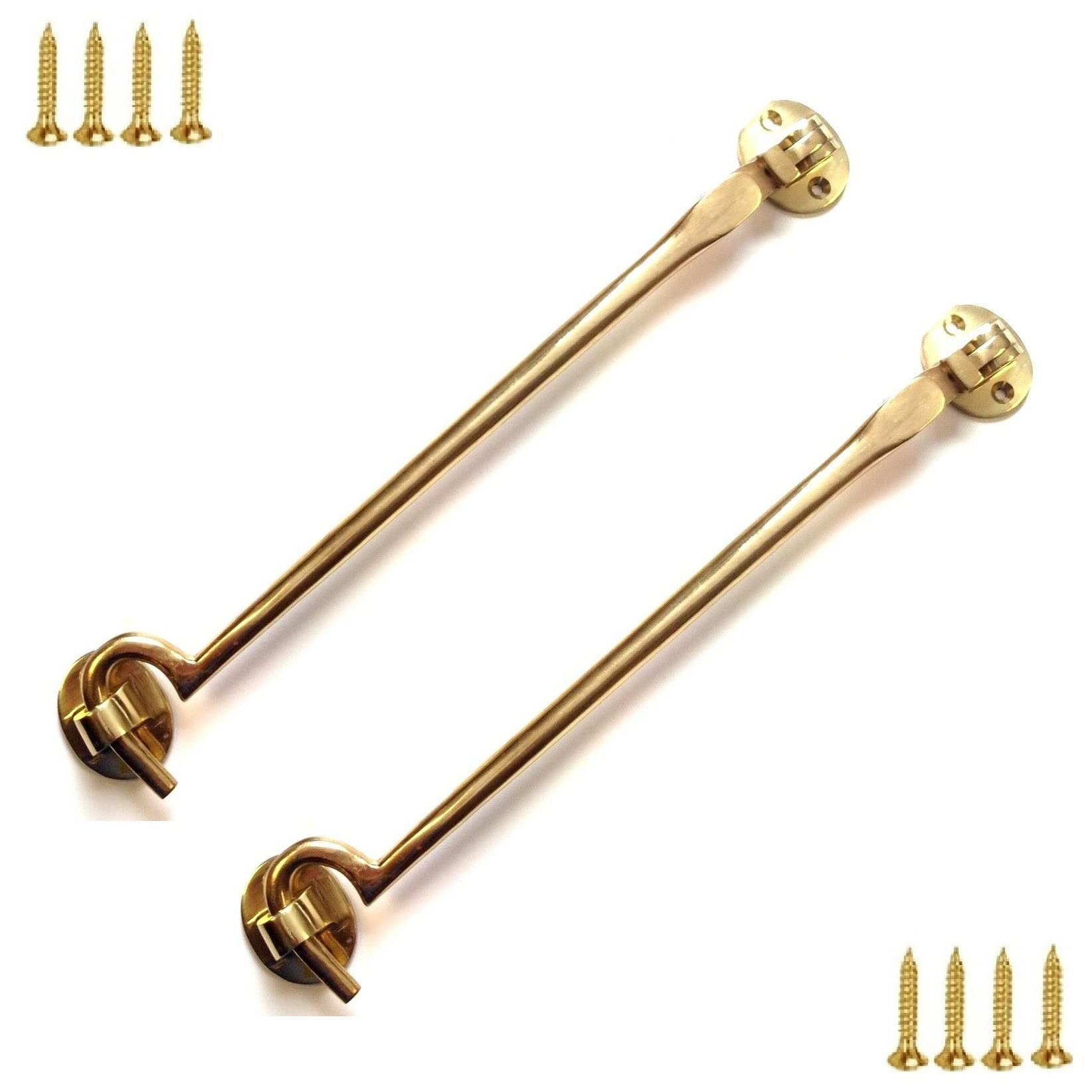TERF® 250mm Heavy Duty Polished Brass Cabin Door Hook and Eye Lock 250mm (10 inch) Cabinet Latch including Fixing Screw For Door Gate Window Closet Shed Latch - Pack of 2