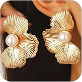 Gold Statement Big Textured Flower Pearl Earrings, Bohemian Chunky Large Petal Floral Pearls Metal Drop Stud Earring Party Ear Jewelry Gift for Women