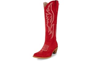 KaroNairy Women Cowboy Boots Faux Suede Embroidered Pointed Thick Heeled Western Wide Calf Cowgirl Ponited Toe Mid Calf Boots