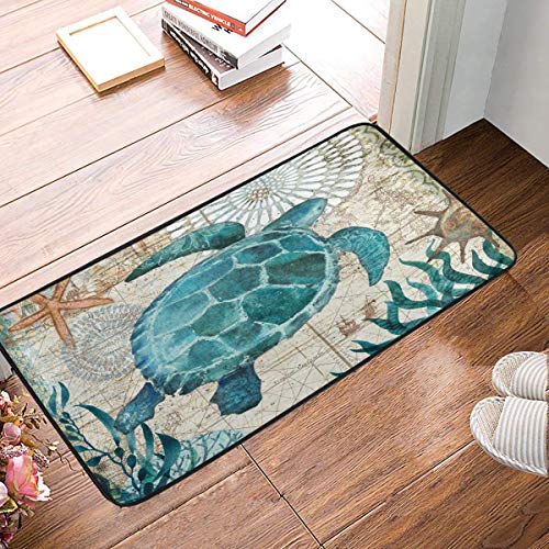 Sea Turtle Retro Map Kitchen Rugs Mat Nautical Ocean Coastal Bathroom