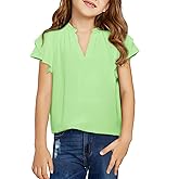 Haloumoning Girls Ruffle Short Sleeve T Shirts Casual V Neck Chiffon Blouse Cute Summer Tops 5-14Y