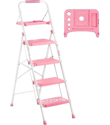 Pink 3-Step Folding Ladder – Lightweight, Non-Slip Step Stool For Home