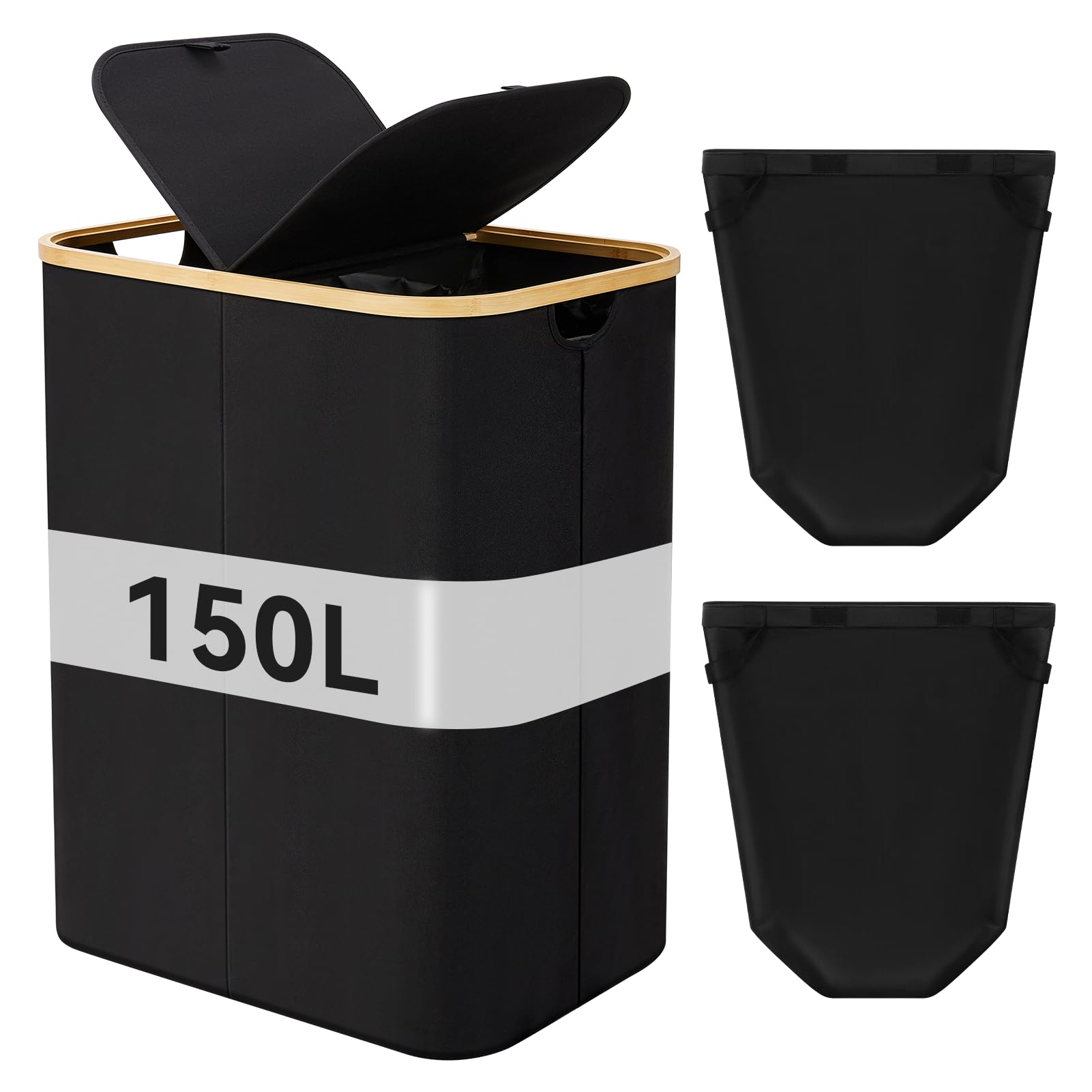 Warmiehomy 150L Laundry Basket with Lid, 2 Compartments Washing Basket for Laundry Foldable Laundry Hamper Large Laundry Bin Double Laundry Basket with Removeable Inner Bags for Bathroom,Bedroom,Black
