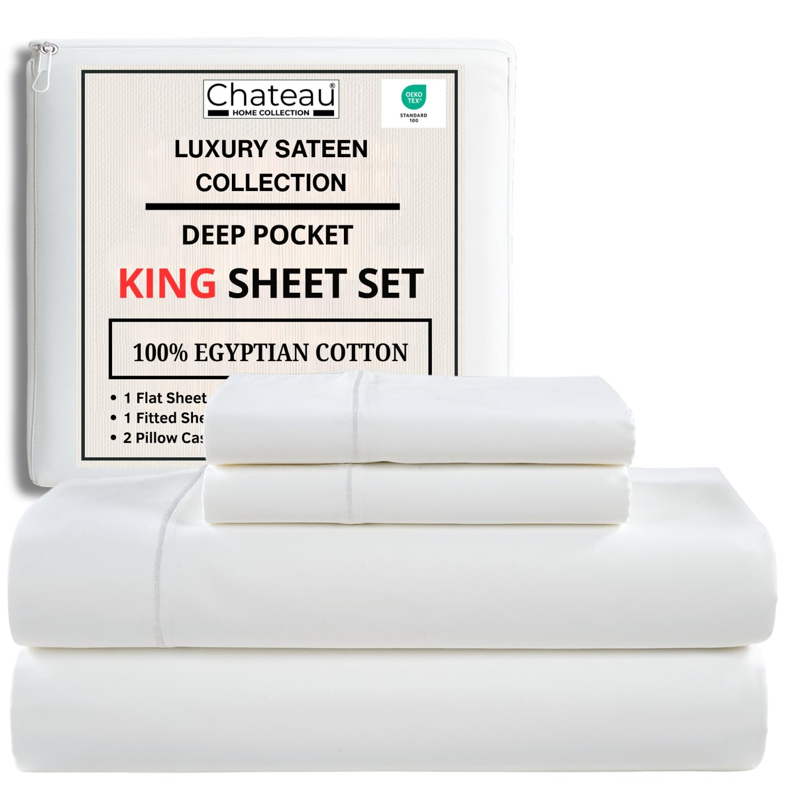 CHATEAU HOME COLLECTION King Size Sheet Set, 4 Piece, White, 800 Thread Count Egyptian Cotton, Luxury Hotel Collection Bedding