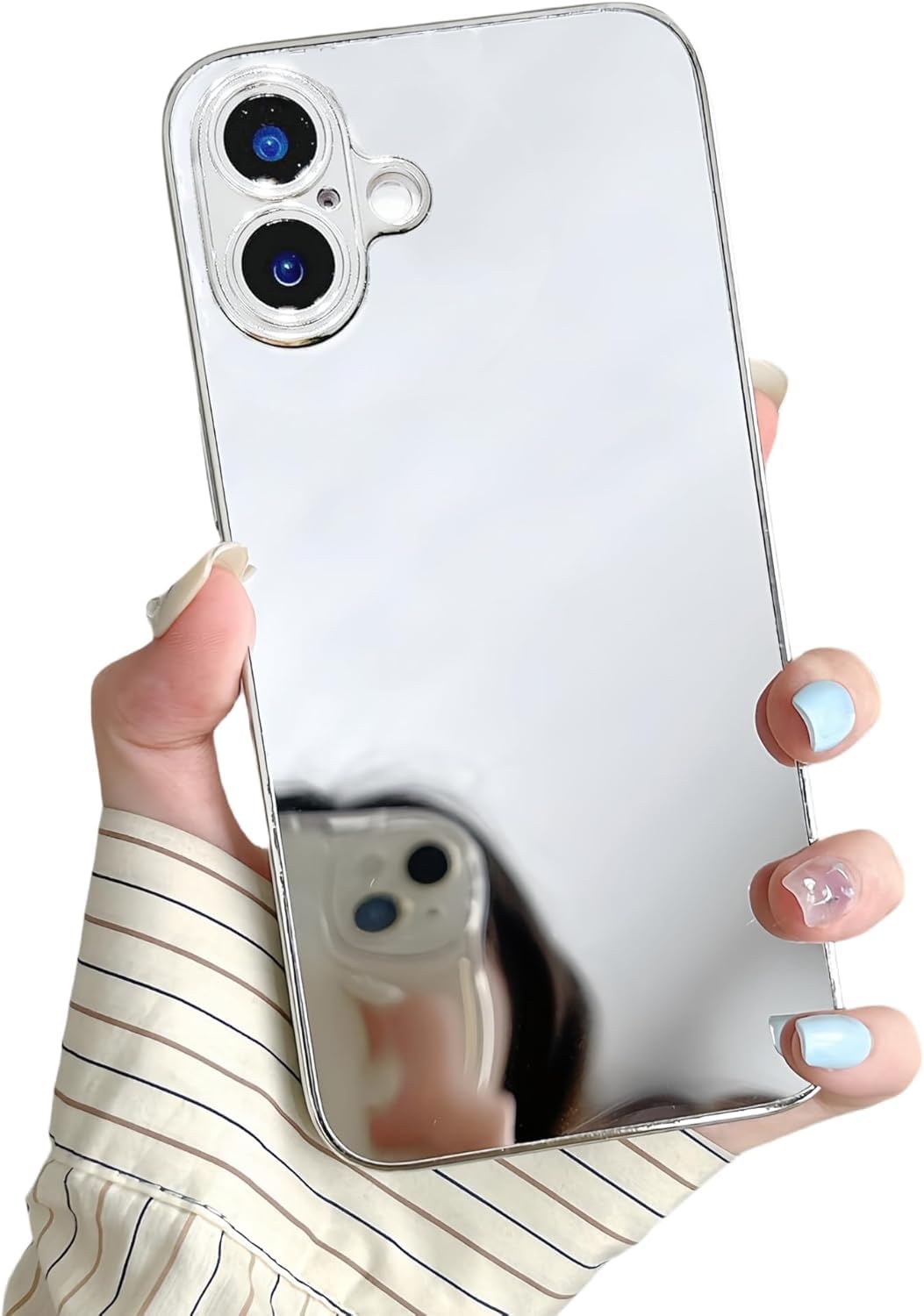 YTanazing Compatible with iPhone 17 Mirror Case for Women Girls Makeup Cute Luxury Glossy Mirror Back Silver Plating Design with Camera Full Protective Shockproof Cover