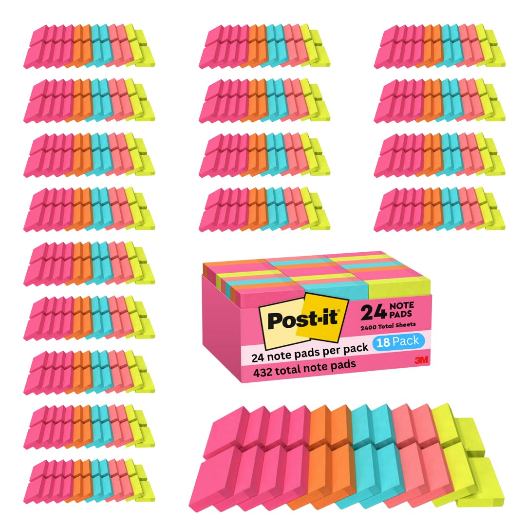 Post-it Mini Notes, 1 3/8 x 1 7/8 in, 24 Pads, America's #1 Favorite Sticky Notes, Poptimistic Post-it Notes, Power Pink, Aqua Blue, Vital Orange, Neon Green, Guava Pink (18 Pack) Image