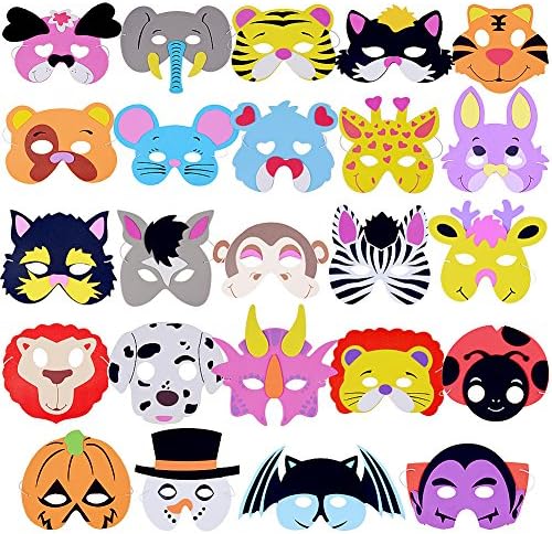 HS Novelty 24 pieces Assorted Foam Animal Masks For Birthday Party Favors ,Cute Cartoon Zoo Animal Face Masks for Kids Dress-Up Costume, Pack of 24