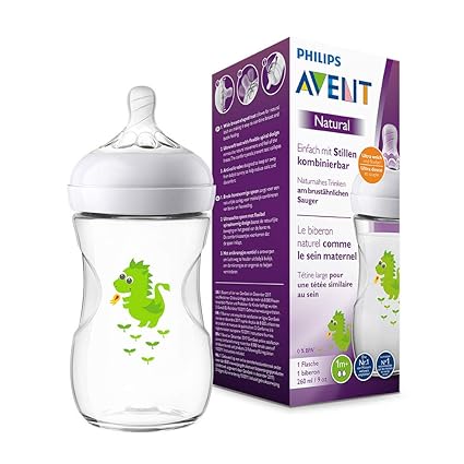 Philips Avent Natural Flasche SCF070/24, 260 ml, naturnahes Trinkverhalten, Anti-Kolik-System, Design Drache, 1er Pack